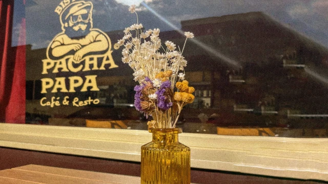 Vitrine du Bistro Pacha Papa à Lyon : logo (homme barbu à casquette) gravé sur la vitre et bouquet de fleurs séchées sur le comptoir