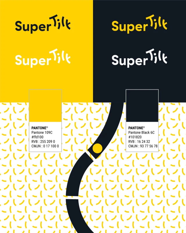 Palette de couleurs et motifs de l'identité visuelle SuperTilt